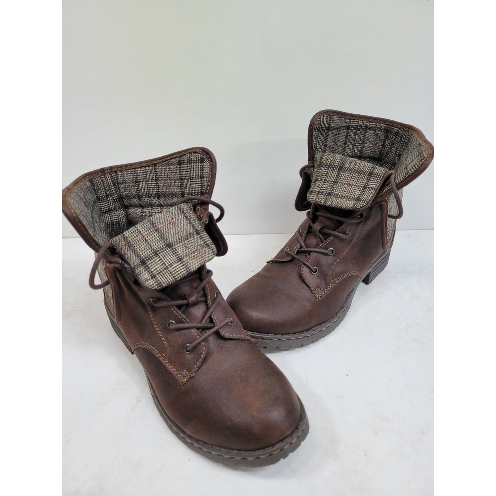 Womens 8.5M Brown Plaid Fold Over Combat Boots Lace Up Moto Ankle Grunge